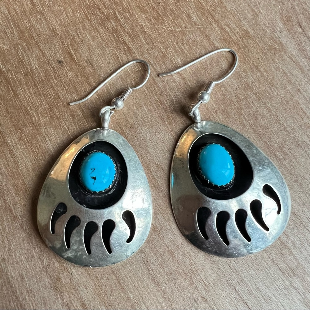 Vintage southwestern style Sterling silver turquoise bear paw dangle earrings